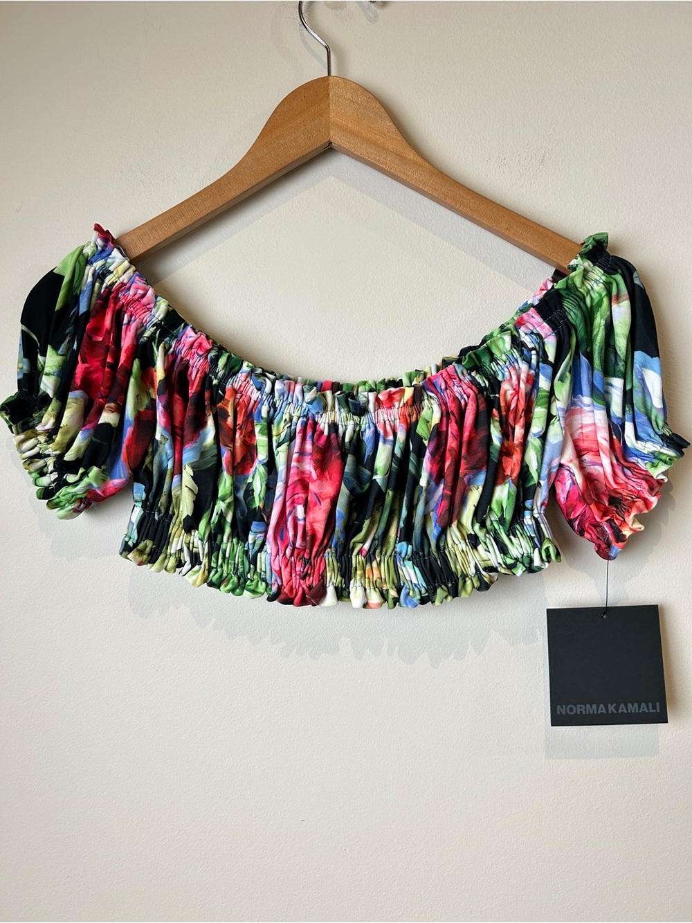 Norma Kamali Floral Off-Shoulder Jose Crop Top in Multi-Color “Rose Garden” NWTs